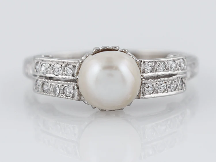 Antique Right Hand Ring Art Deco Pearl & .24 Single Cut Diamonds in Platinum
