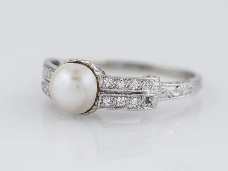Antique Right Hand Ring Art Deco Pearl & .24 Single Cut Diamonds in Platinum - Image 3