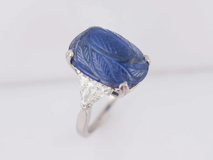 Antique Right Hand Ring Art Deco/Mid Century 11.12ct No Heat Cabochon Cut Sapphire in Platinum - Image 3