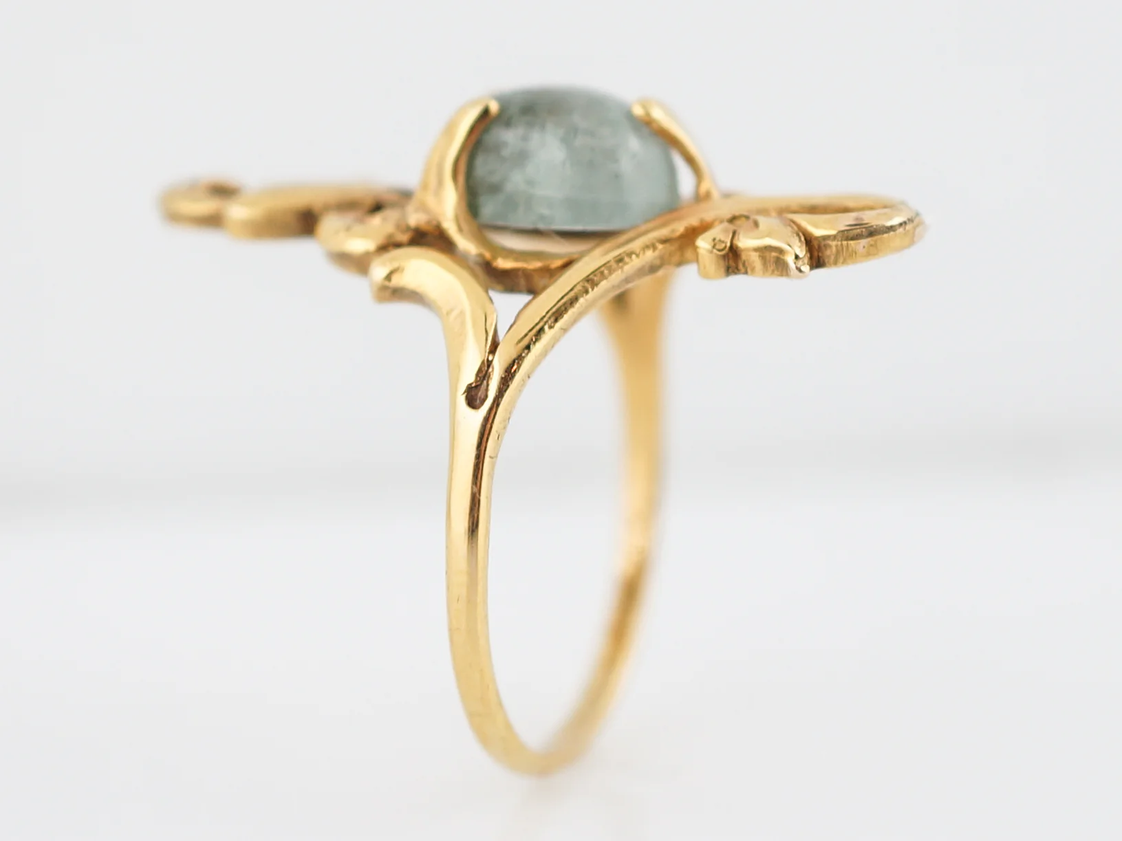 Antique Right Hand Ring Art Nouveau 2.68 Cabochon Cut Green Tourmaline in 14k Yellow Gold - Image 5
