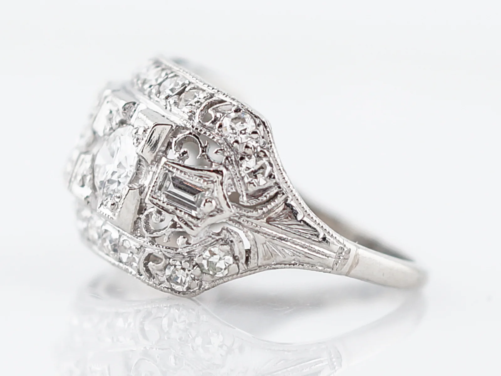Antique Right Hand Ring Art Deco .48 Round Brilliant Cut Diamond in Platinum - Image 2