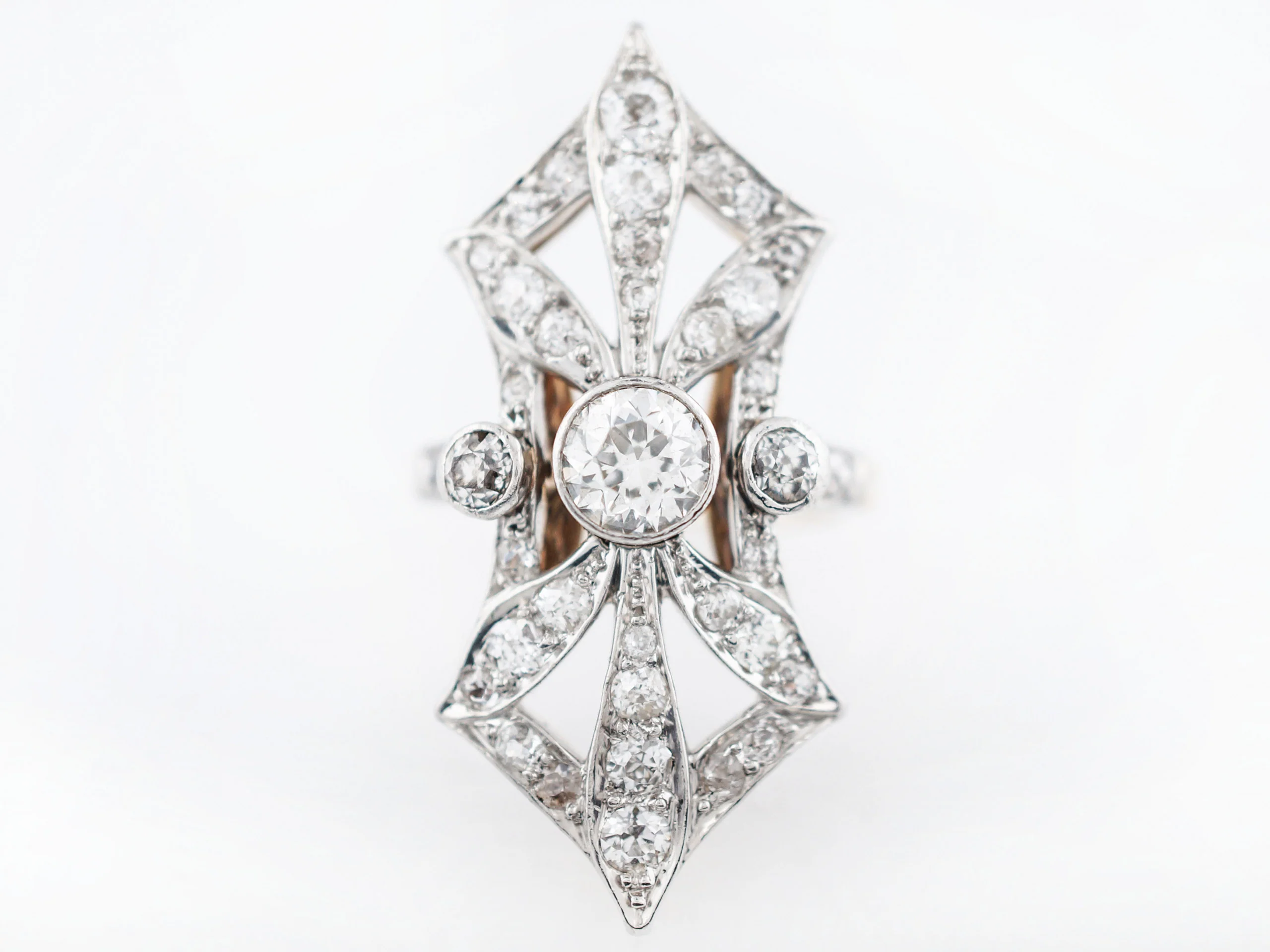 Antique Right Hand Ring Edwardian 1.61 Old European & Mine Cut Diamonds in Platinum & 14k Yellow Gold