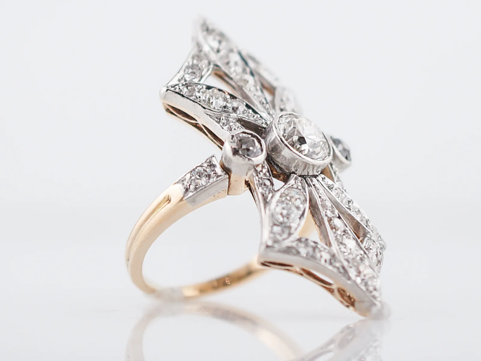 Antique Right Hand Ring Edwardian 1.61 Old European & Mine Cut Diamonds in Platinum & 14k Yellow Gold - Image 3