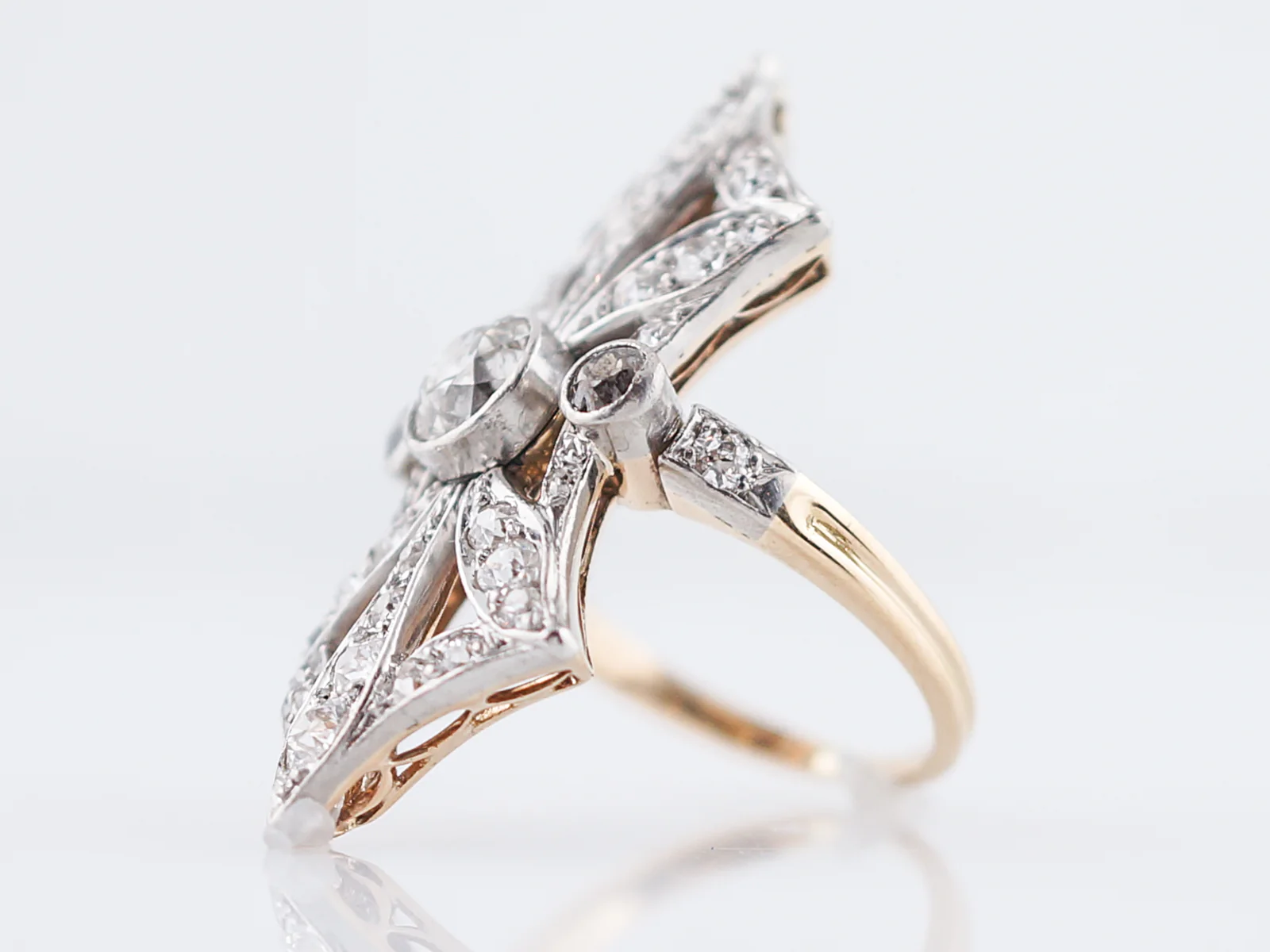 Antique Right Hand Ring Edwardian 1.61 Old European & Mine Cut Diamonds in Platinum & 14k Yellow Gold - Image 4