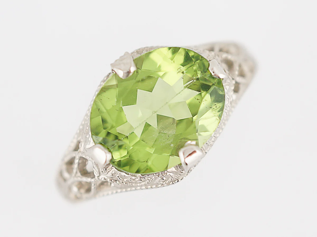 Antique Right Hand Ring Edwardian 2.20 Oval Cut Peridot in 14K White Gold - Image 4