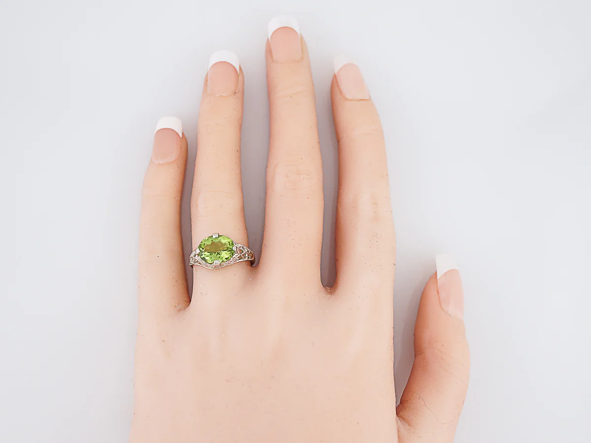 Antique Right Hand Ring Edwardian 2.20 Oval Cut Peridot in 14K White Gold - Image 7