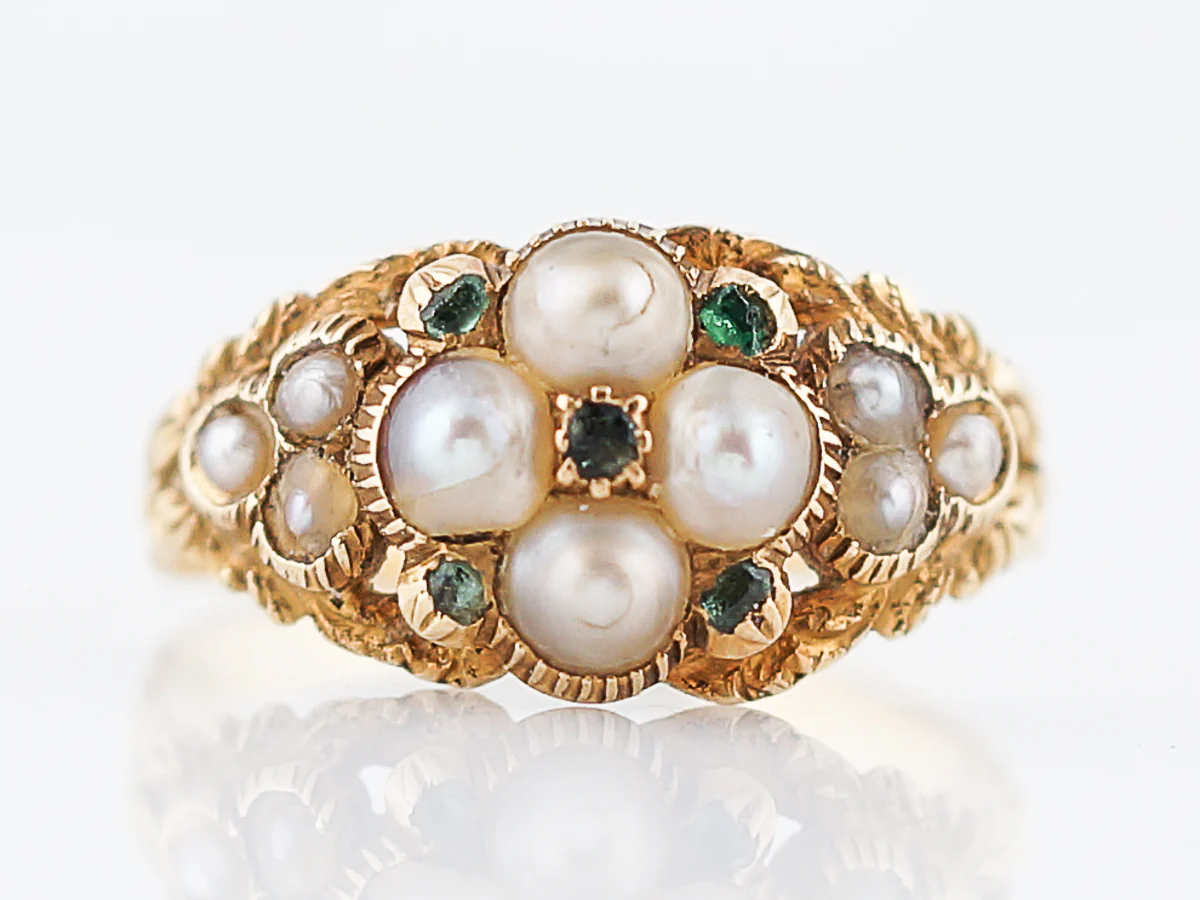 Antique Right Hand Ring Georgian Pearl & .10 Round Cut Emeralds 14k Yellow Gold Memorial Ring - Image 2