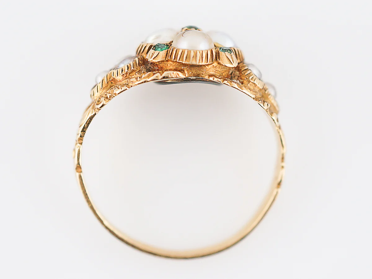 Antique Right Hand Ring Georgian Pearl & .10 Round Cut Emeralds 14k Yellow Gold Memorial Ring - Image 5