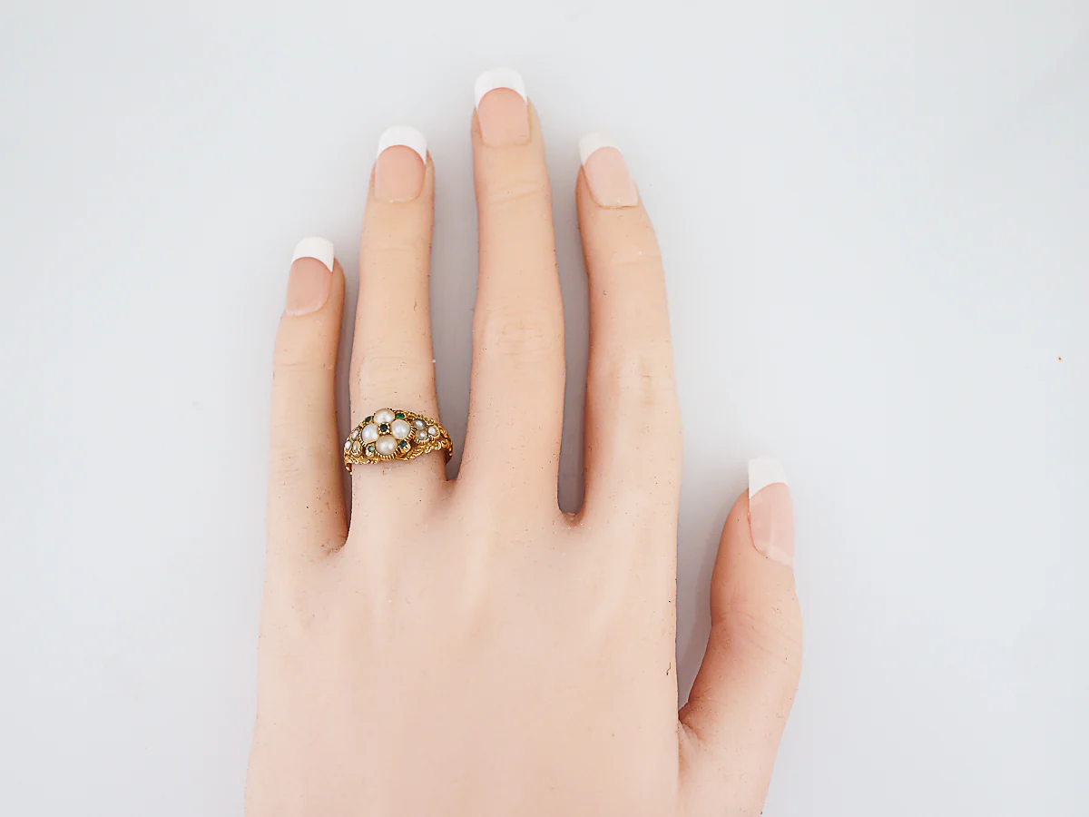 Antique Right Hand Ring Georgian Pearl & .10 Round Cut Emeralds 14k Yellow Gold Memorial Ring - Image 6
