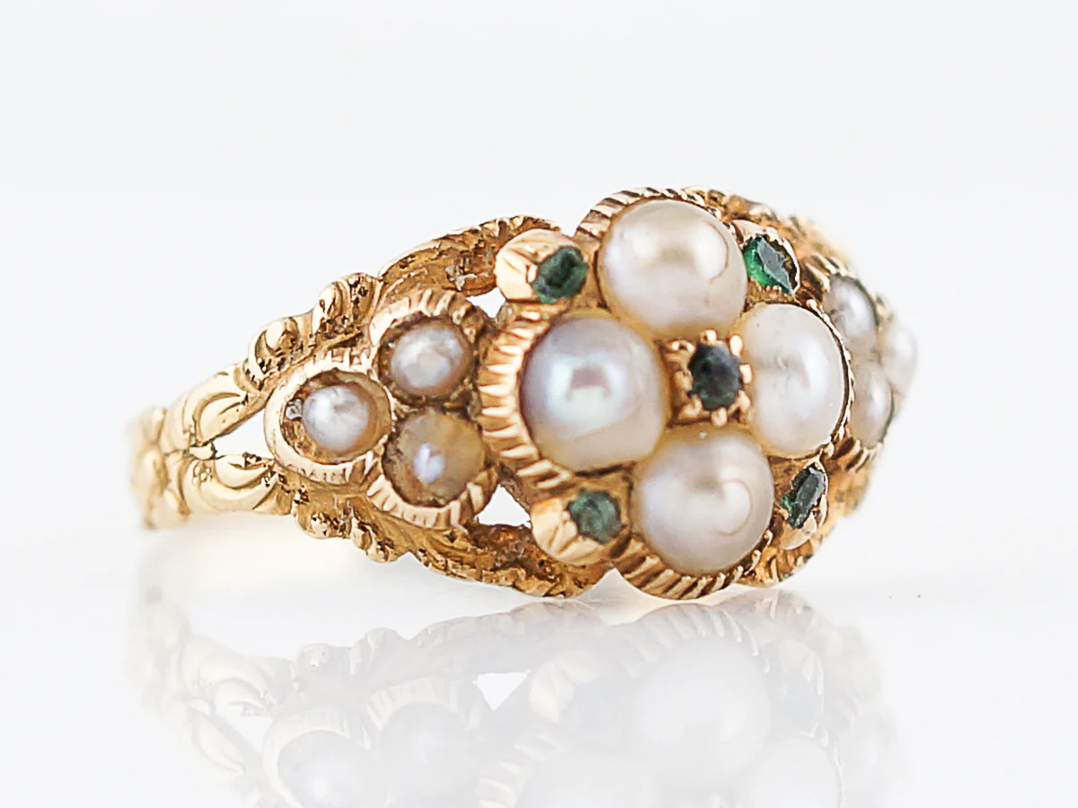 Antique Right Hand Ring Georgian Pearl & .10 Round Cut Emeralds 14k Yellow Gold Memorial Ring - Image 2