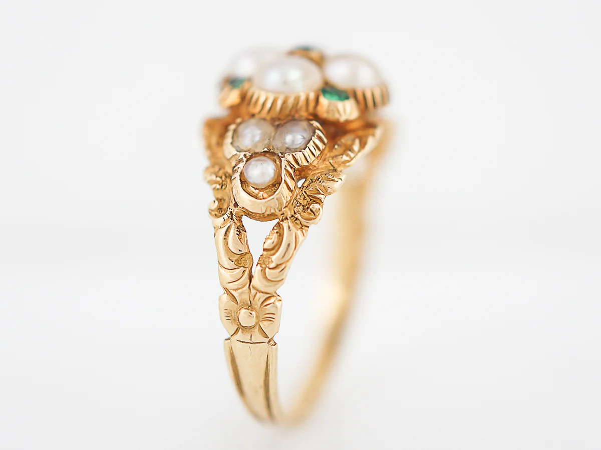 Antique Right Hand Ring Georgian Pearl & .10 Round Cut Emeralds 14k Yellow Gold Memorial Ring - Image 3