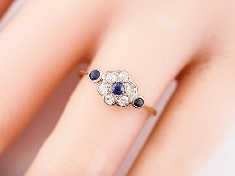 Antique Right Hand Ring Victorian .12 Round Cut Sapphires & .24 Single Cut Diamonds in 14k Yellow Gold - Image 8