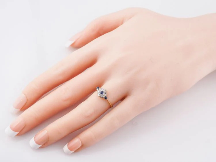 Antique Right Hand Ring Victorian .12 Round Cut Sapphires & .24 Single Cut Diamonds in 14k Yellow Gold - Image 9