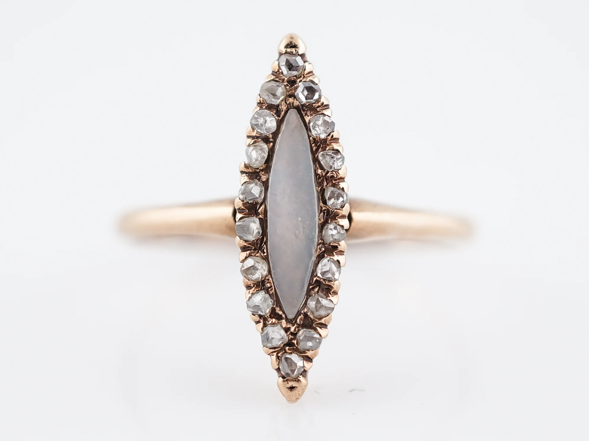 Antique Right Hand Ring Victorian .25 Rose Cut Diamonds & Mother of Pearl in 14k Yellow Gold