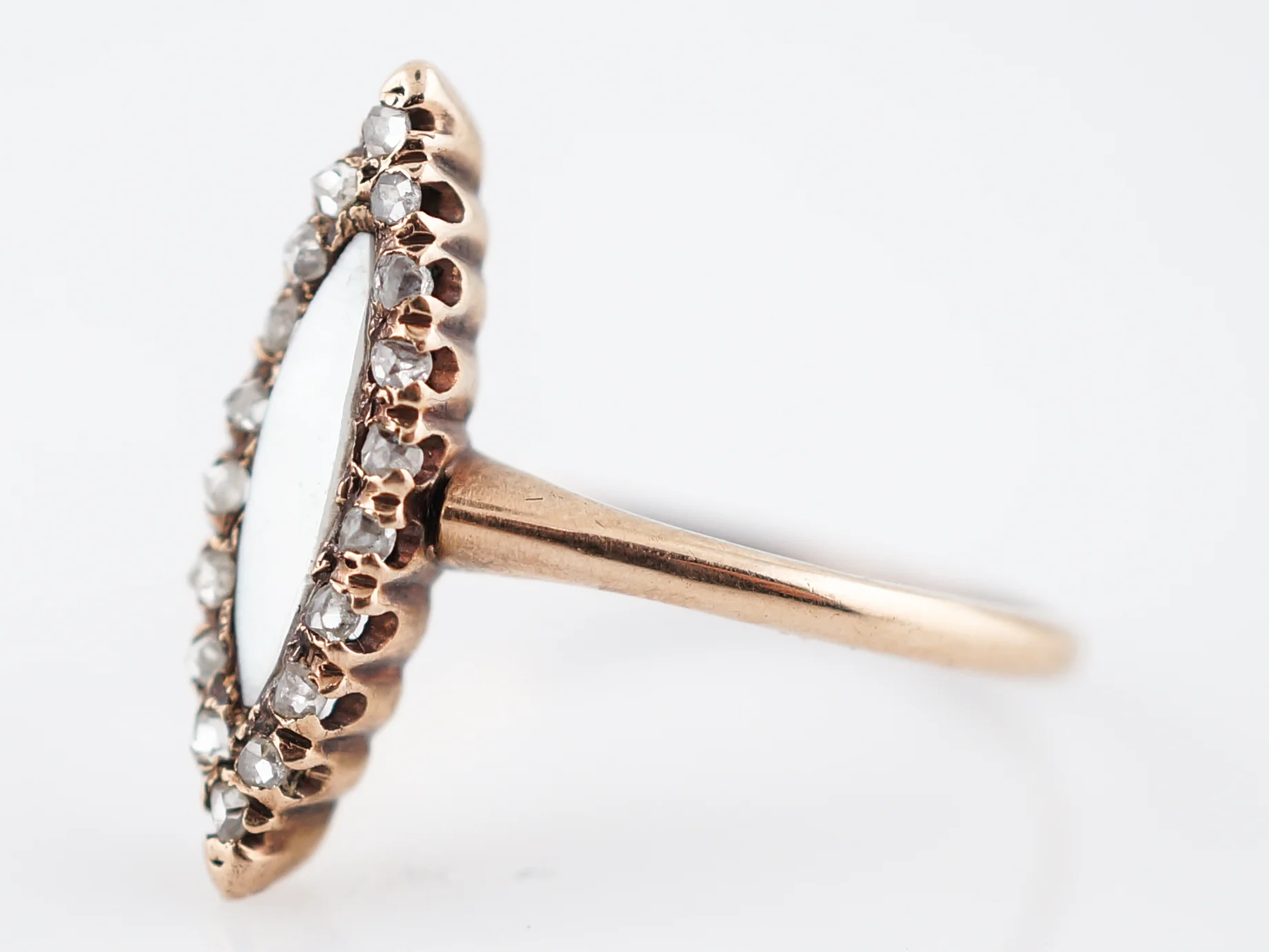 Antique Right Hand Ring Victorian .25 Rose Cut Diamonds & Mother of Pearl in 14k Yellow Gold - Image 3