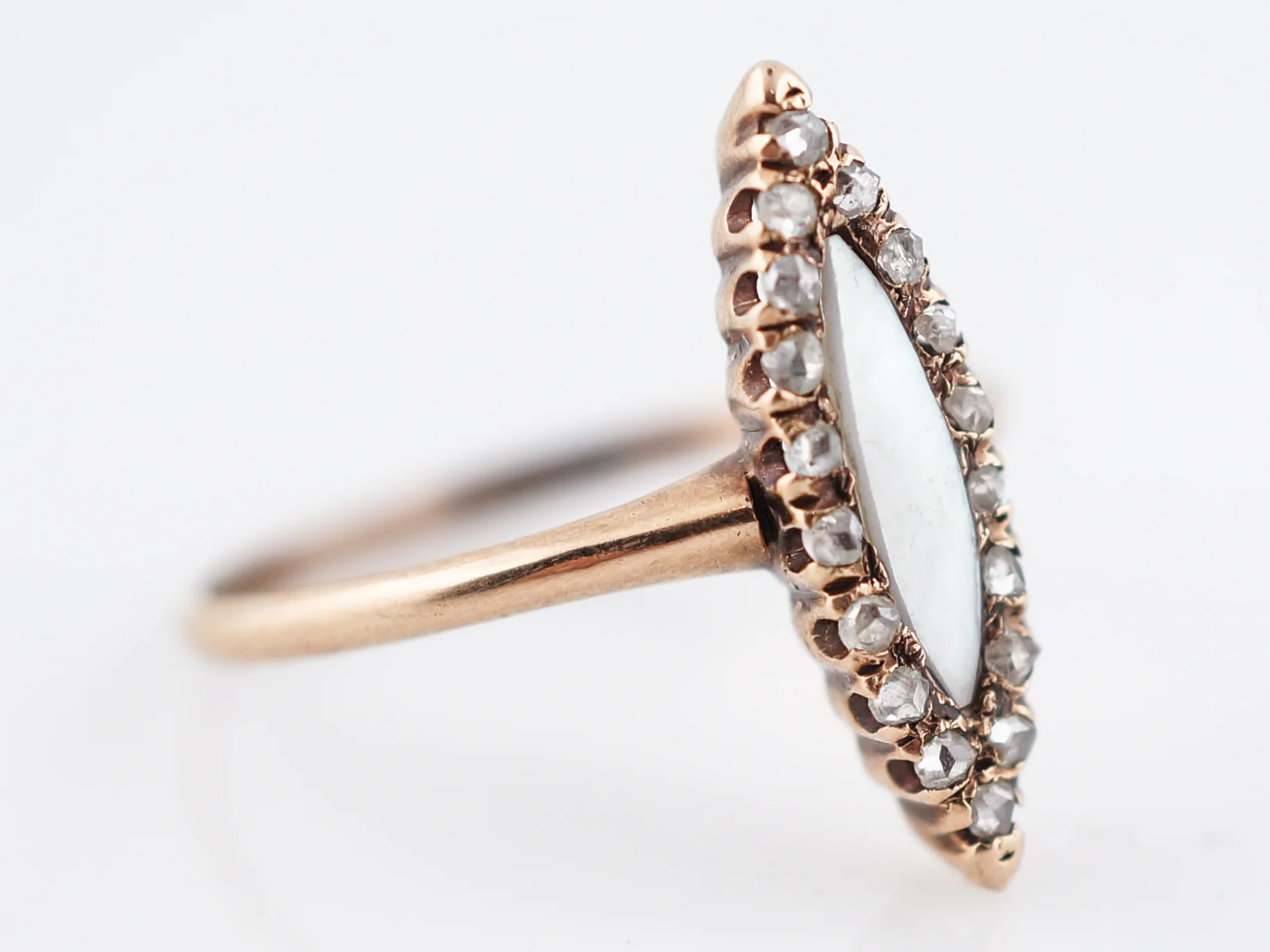 Antique Right Hand Ring Victorian .25 Rose Cut Diamonds & Mother of Pearl in 14k Yellow Gold - Image 4