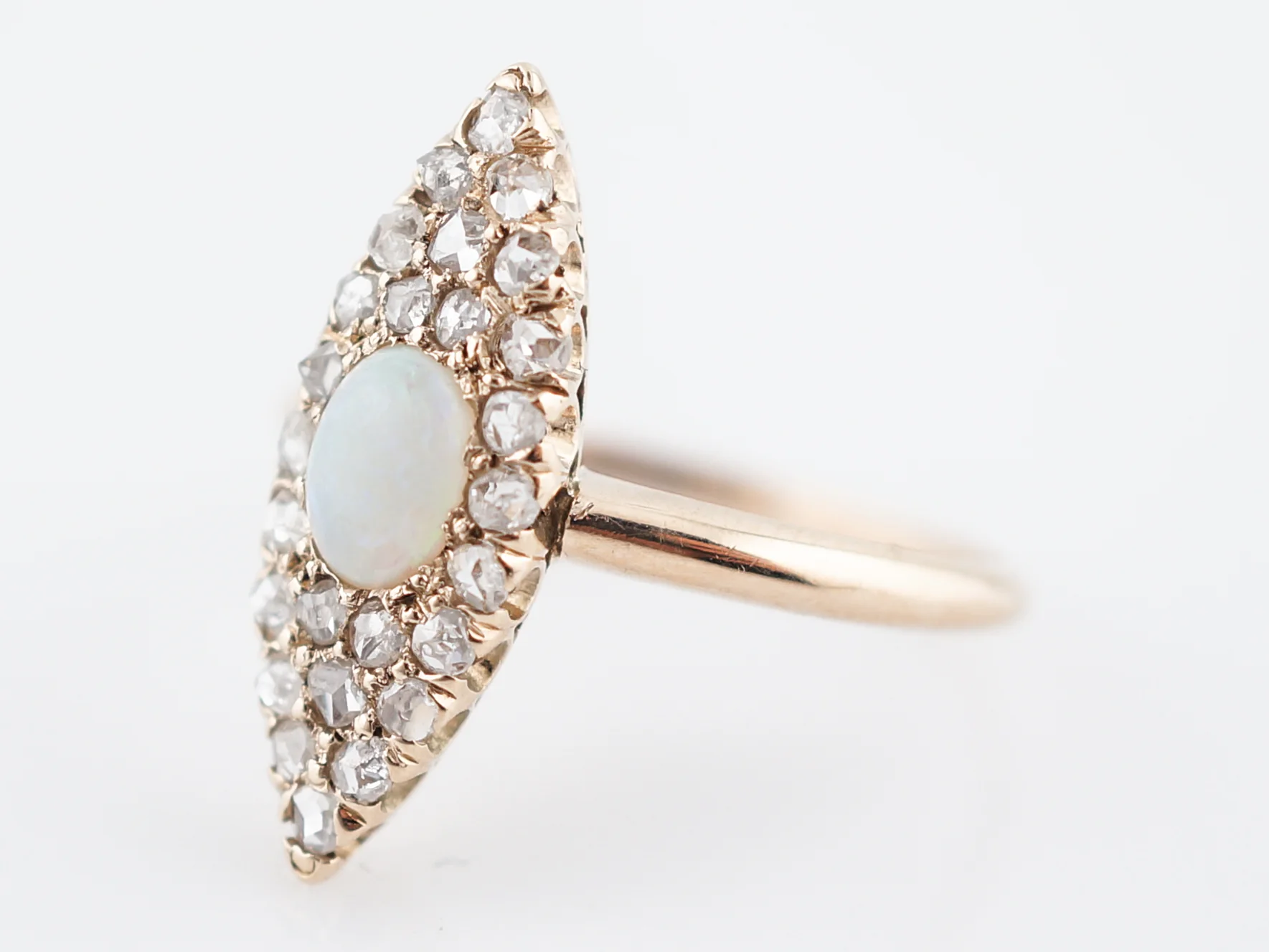 Antique Right Hand Ring Victorian .31 Cabochon Cut Opal & .26 Rose Cut Diamonds in 14k Yellow Gold - Image 2