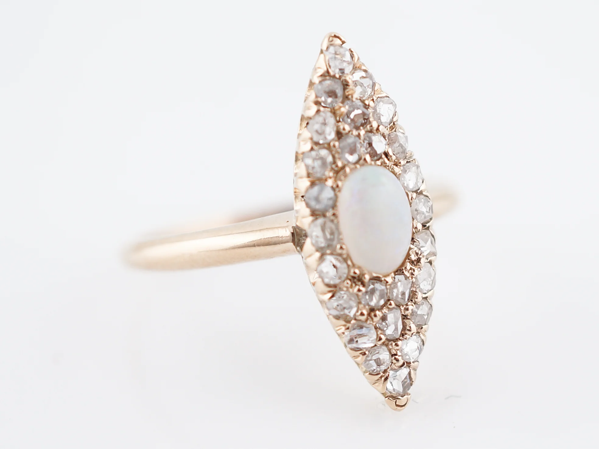 Antique Right Hand Ring Victorian .31 Cabochon Cut Opal & .26 Rose Cut Diamonds in 14k Yellow Gold - Image 3