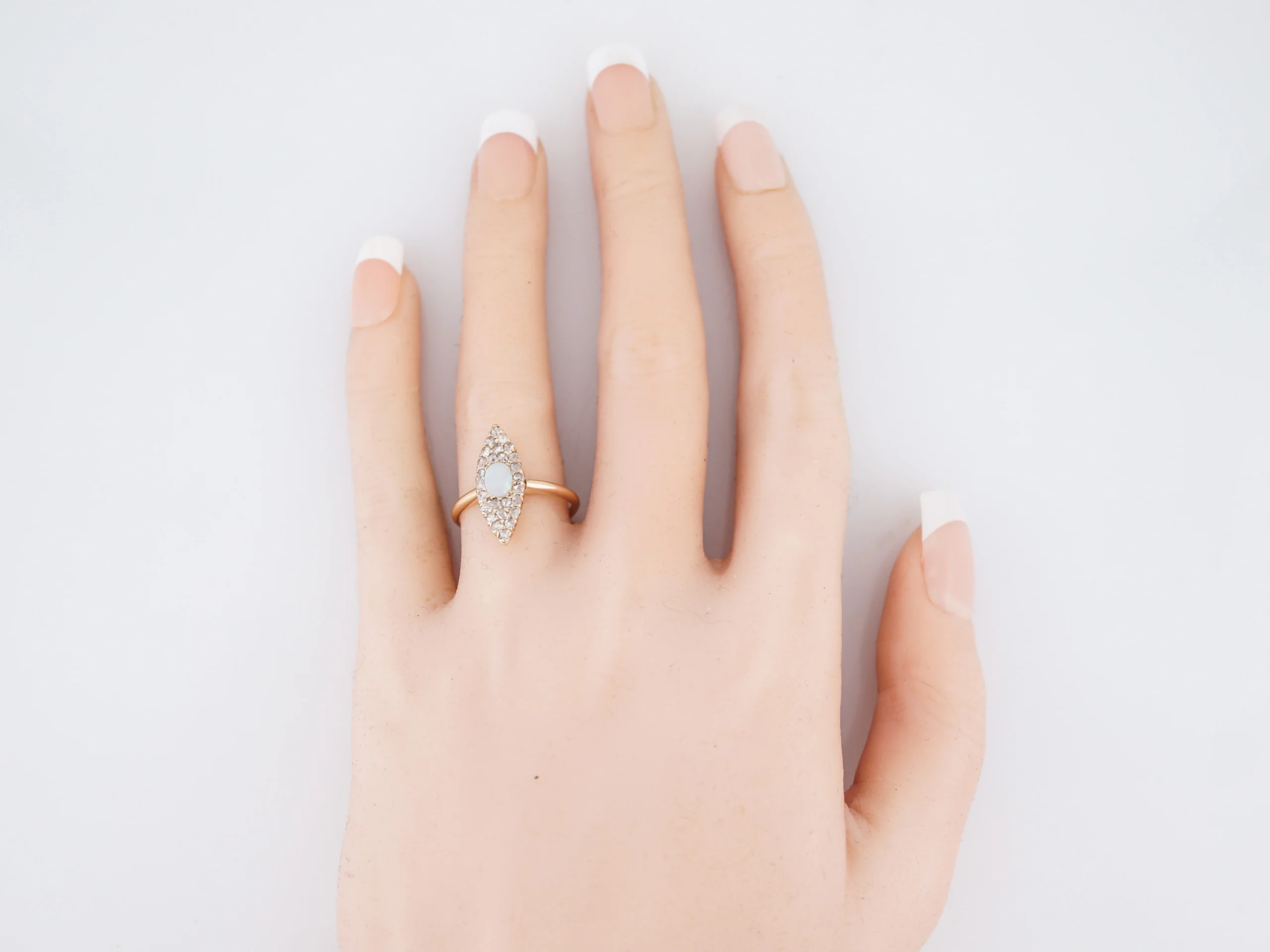 Antique Right Hand Ring Victorian .31 Cabochon Cut Opal & .26 Rose Cut Diamonds in 14k Yellow Gold - Image 5
