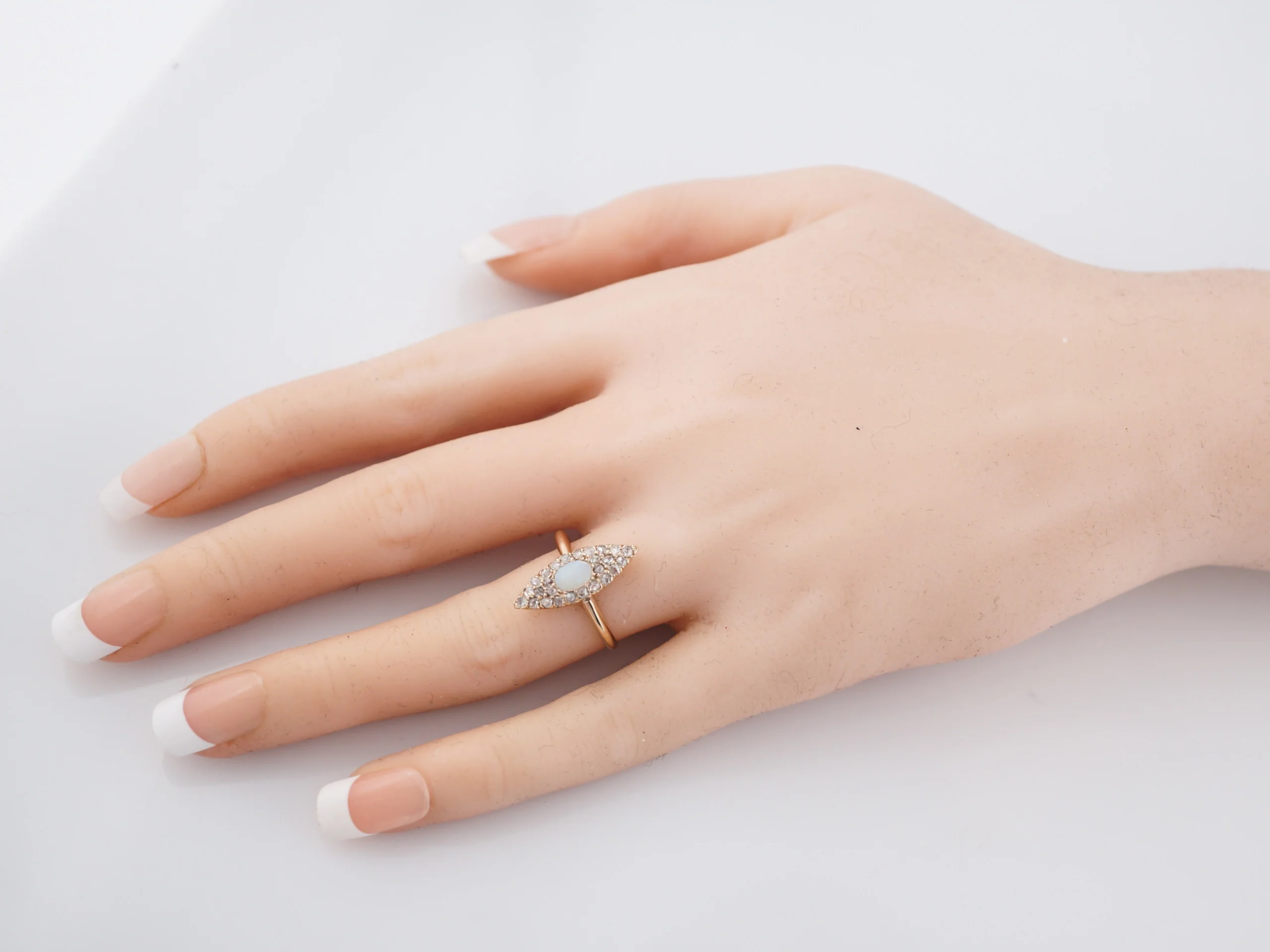Antique Right Hand Ring Victorian .31 Cabochon Cut Opal & .26 Rose Cut Diamonds in 14k Yellow Gold - Image 6