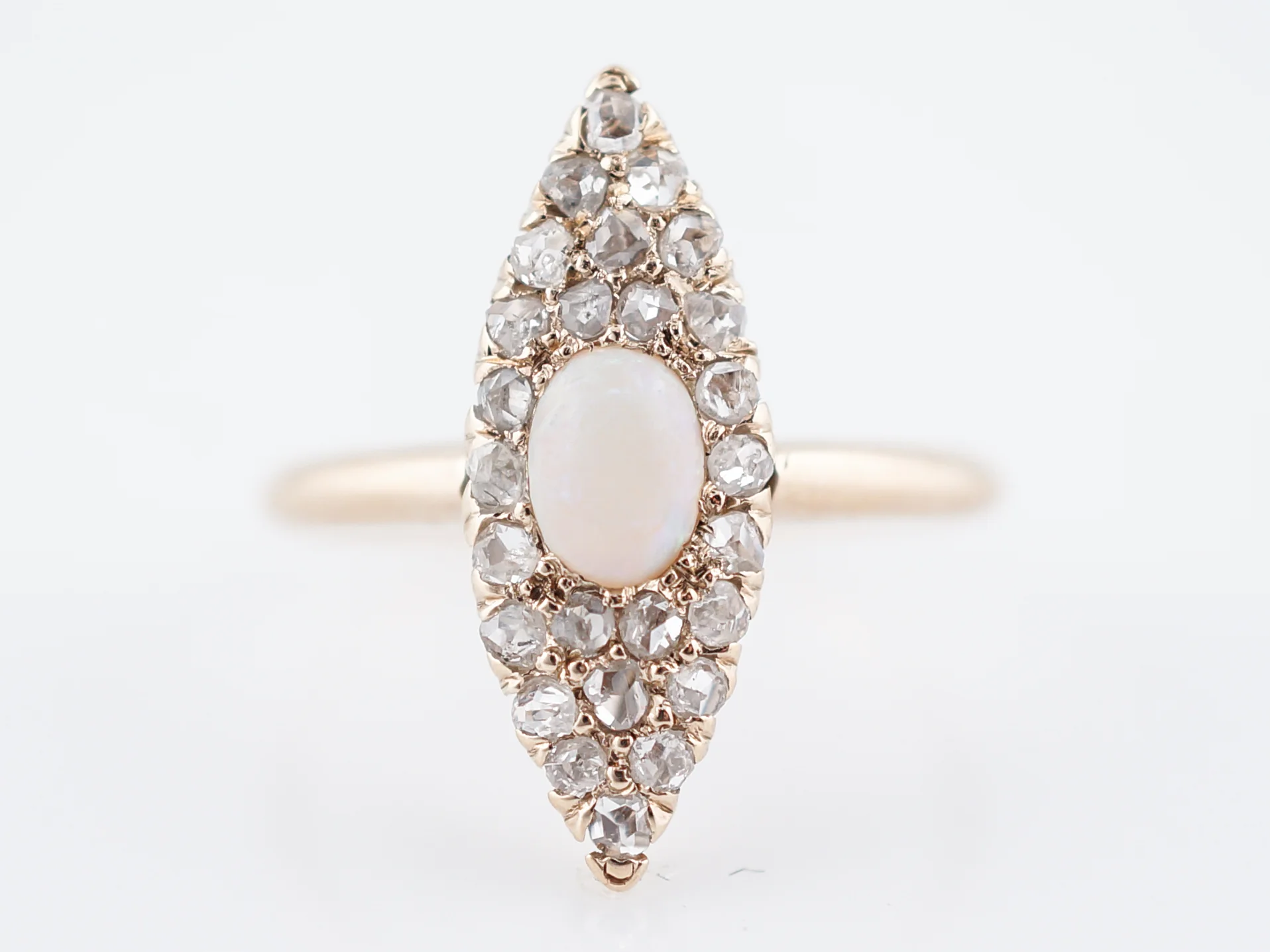 Antique Right Hand Ring Victorian .31 Cabochon Cut Opal & .26 Rose Cut Diamonds in 14k Yellow Gold - Image 2