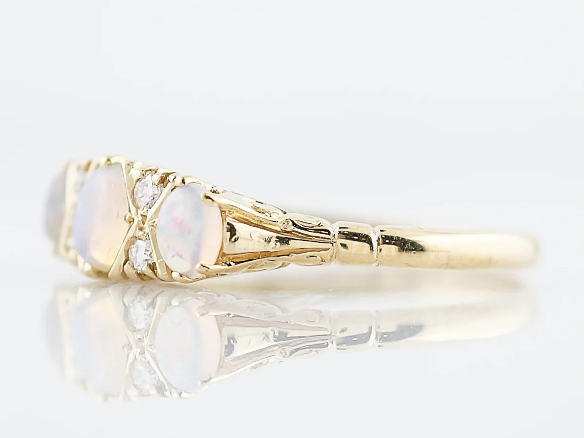 Antique Right Hand Ring Victorian .35 Oval Cabochon Cut Opal & .04 Round Brilliant Cut Diamonds in 18k Yellow Gold - Image 2