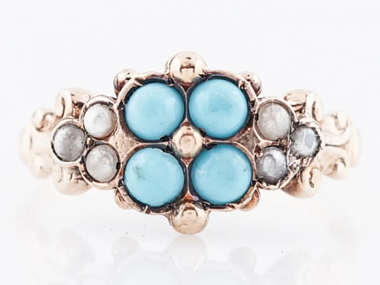 Antique Right Hand Ring Victorian .36 Cabochon Cut Turquoise & Seed Pearls in 14k Yellow Gold