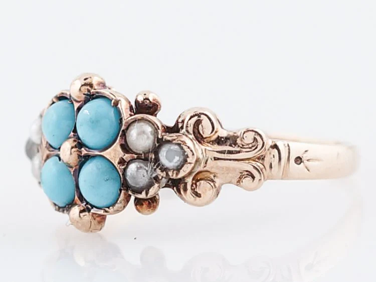 Antique Right Hand Ring Victorian .36 Cabochon Cut Turquoise & Seed Pearls in 14k Yellow Gold - Image 3
