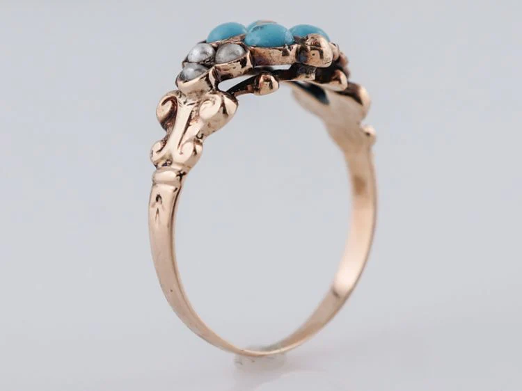 Antique Right Hand Ring Victorian .36 Cabochon Cut Turquoise & Seed Pearls in 14k Yellow Gold - Image 4