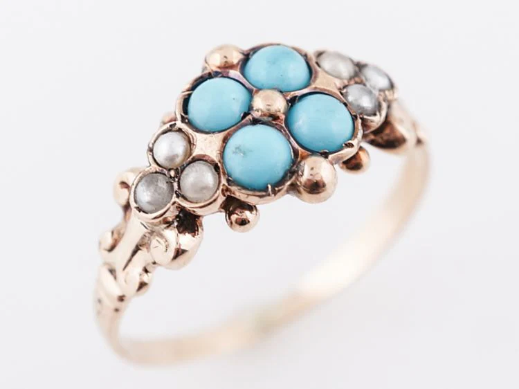 Antique Right Hand Ring Victorian .36 Cabochon Cut Turquoise & Seed Pearls in 14k Yellow Gold - Image 5