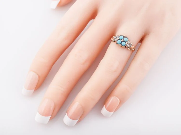 Antique Right Hand Ring Victorian .36 Cabochon Cut Turquoise & Seed Pearls in 14k Yellow Gold - Image 6