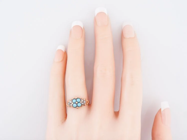 Antique Right Hand Ring Victorian .36 Cabochon Cut Turquoise & Seed Pearls in 14k Yellow Gold - Image 7