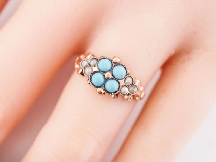 Antique Right Hand Ring Victorian .36 Cabochon Cut Turquoise & Seed Pearls in 14k Yellow Gold - Image 8