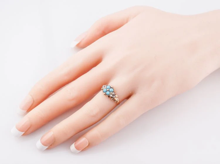 Antique Right Hand Ring Victorian .36 Cabochon Cut Turquoise & Seed Pearls in 14k Yellow Gold - Image 9