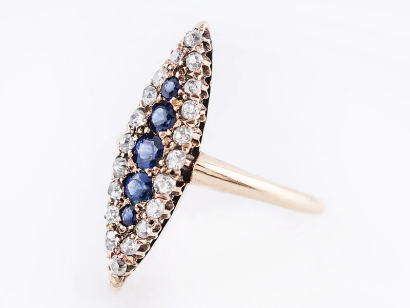 Antique Right Hand Ring Victorian .50 Round Cut Sapphire & .80 Old Mine Cut Diamonds in 14k Yellow Gold - Image 2