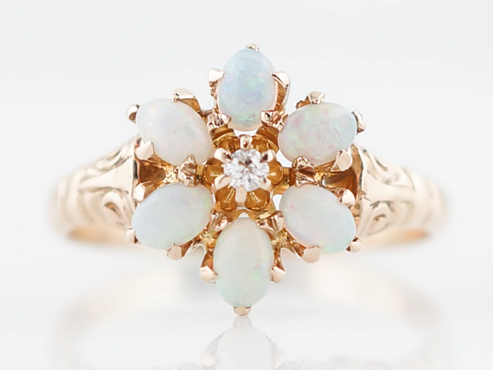 Antique Right Hand Ring Victorian Opal & Diamond in 14k Yellow Gold