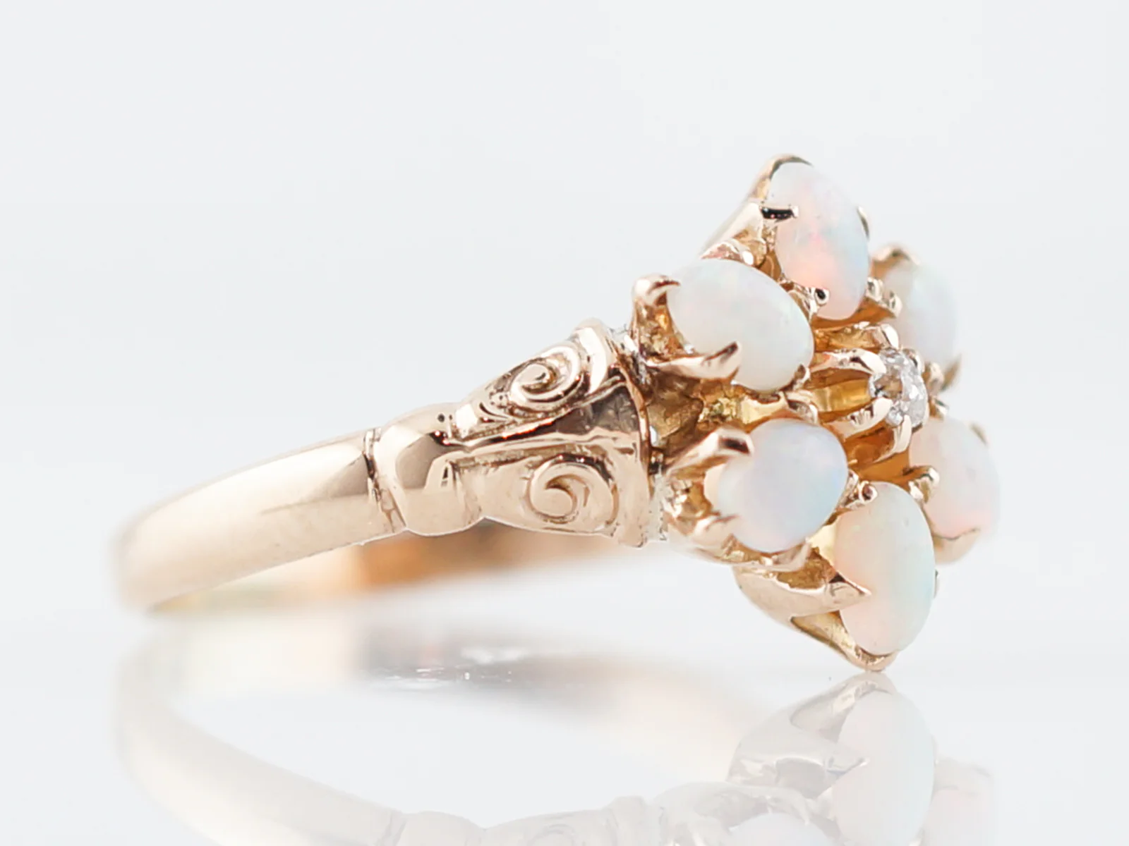 Antique Right Hand Ring Victorian Opal & Diamond in 14k Yellow Gold - Image 3
