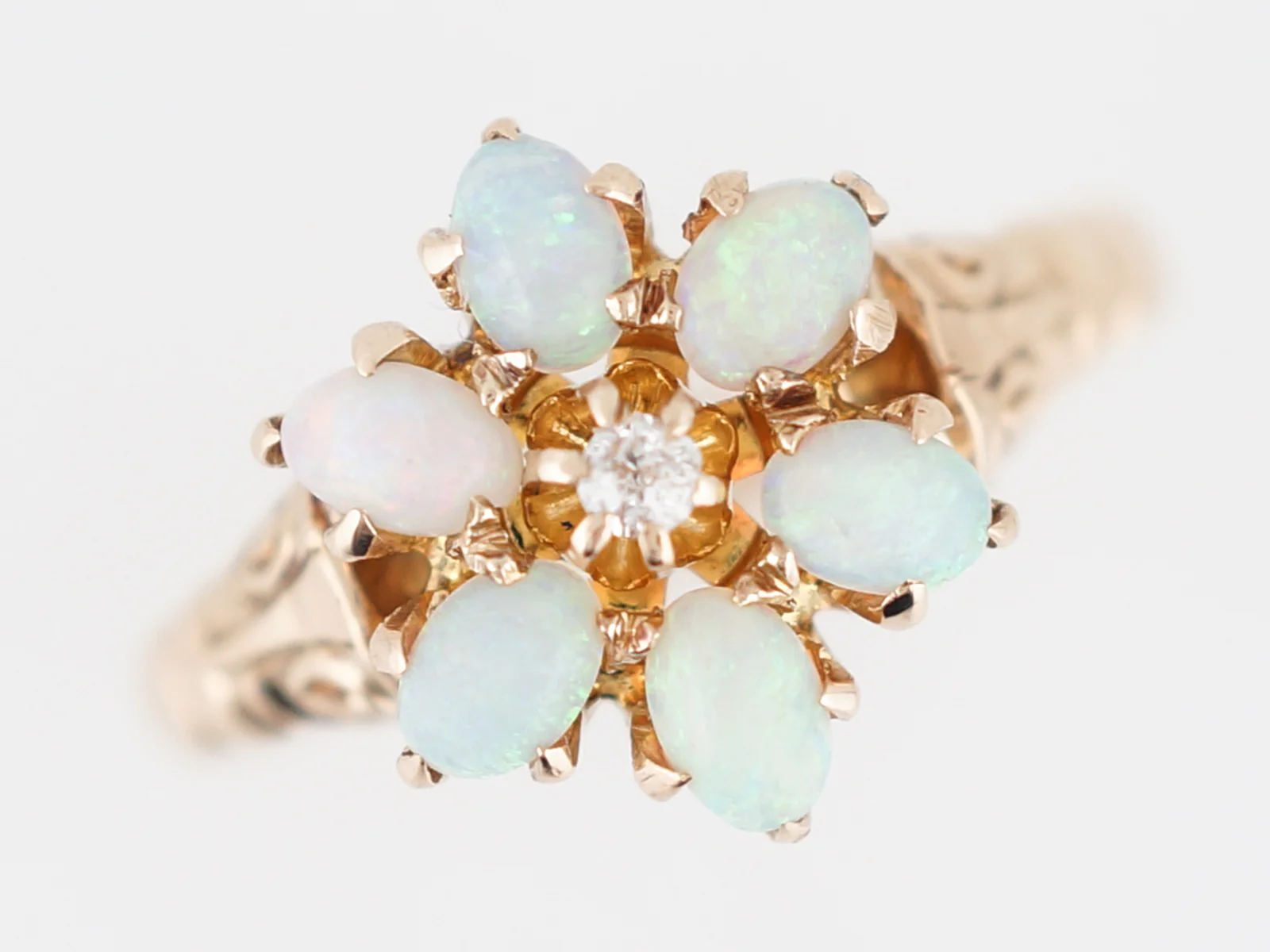 Antique Right Hand Ring Victorian Opal & Diamond in 14k Yellow Gold - Image 4