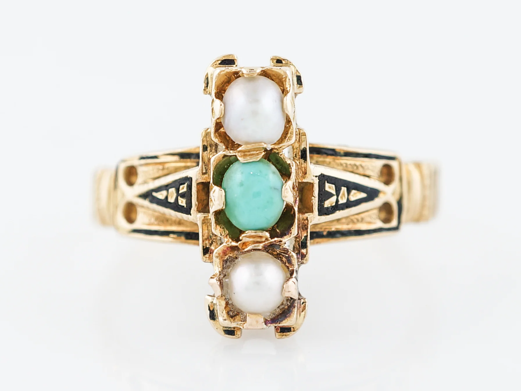 Antique Right Hand Ring Victorian Turquoise & Seed Pearls in 18k Yellow Gold