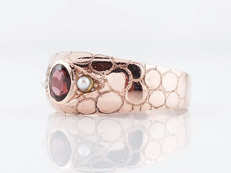 Antique Right Hand Snake Ring Victorian .24 Oval Cut Garnet & Pearl in 14k Rose Gold - Image 3