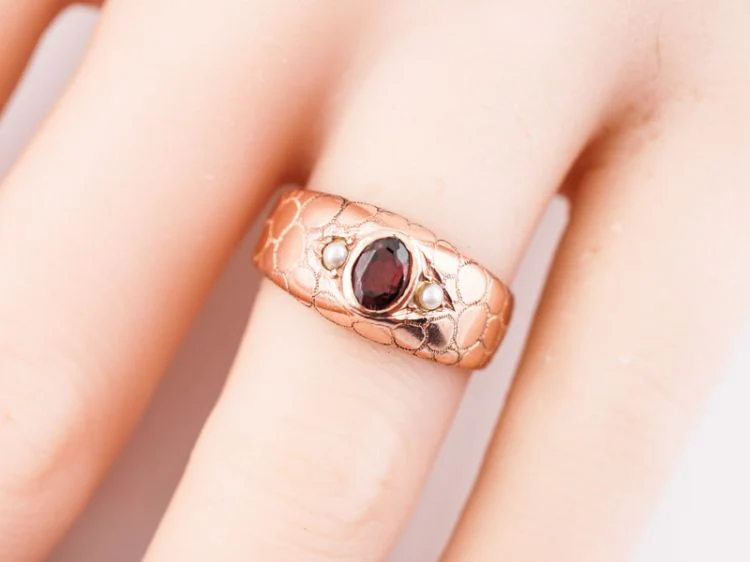 Antique Right Hand Snake Ring Victorian .24 Oval Cut Garnet & Pearl in 14k Rose Gold - Image 7