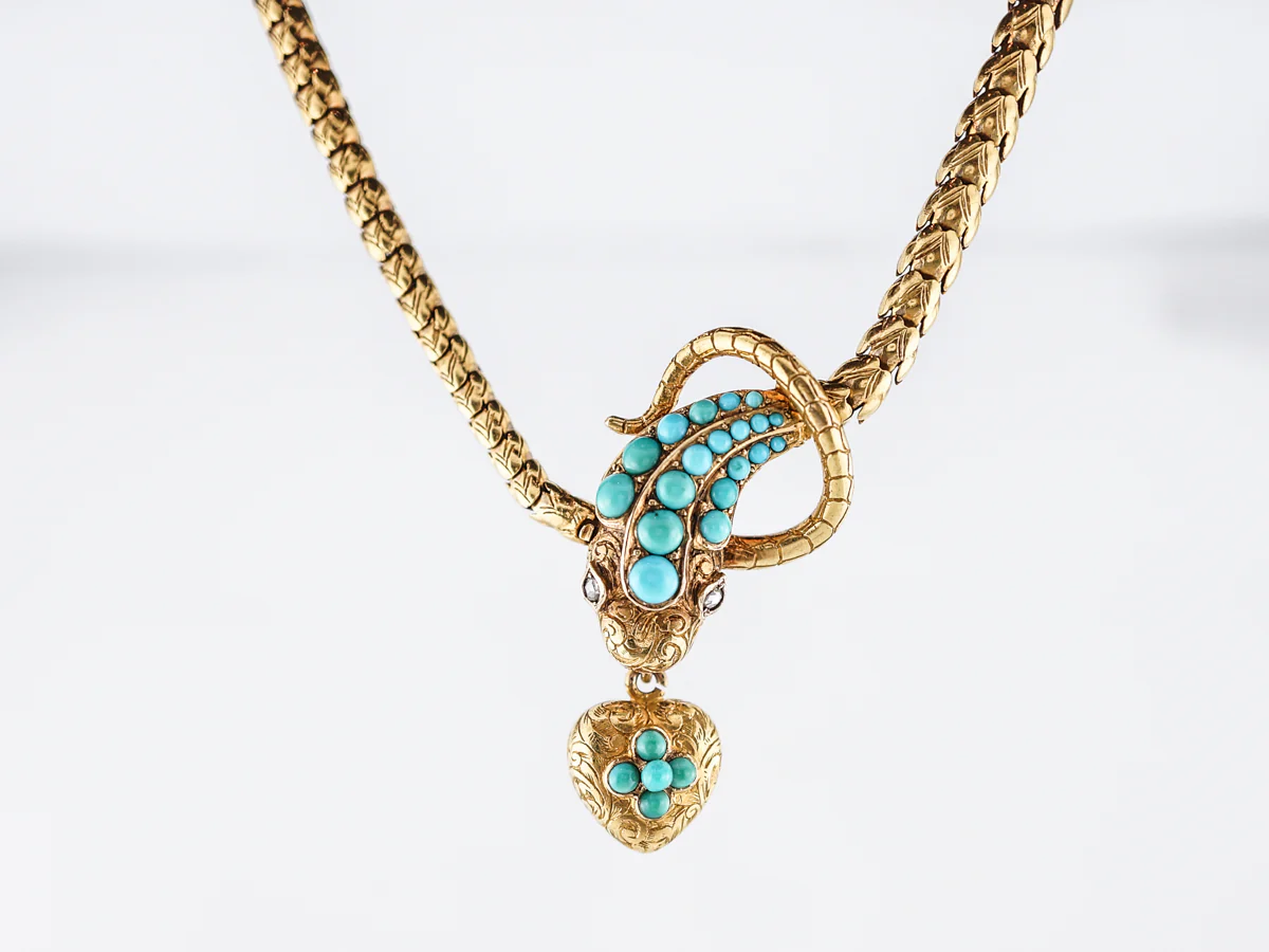 Antique Snake Necklace Victorian .06 Rose Cut Diamonds & Turquoise in 18k Yellow Gold - Image 2