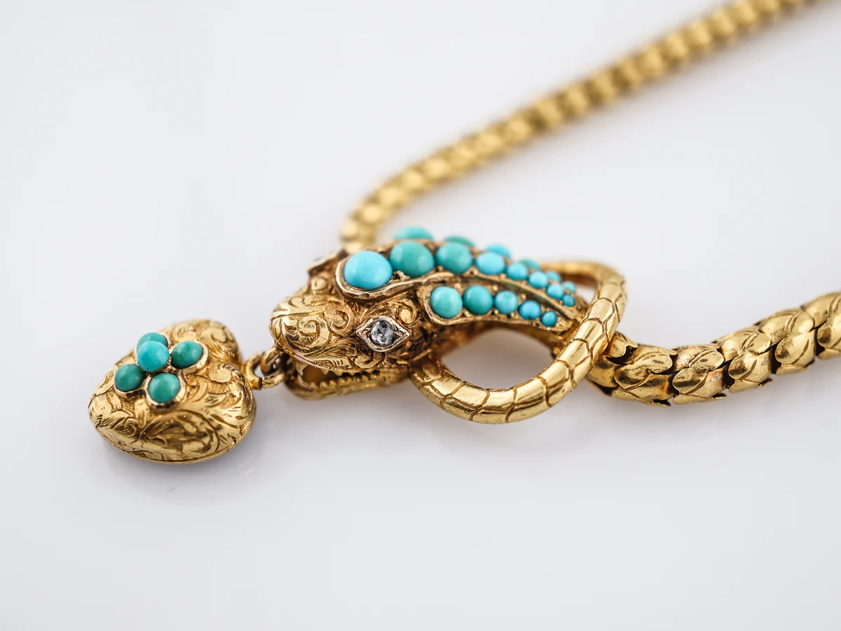 Antique Snake Necklace Victorian .06 Rose Cut Diamonds & Turquoise in 18k Yellow Gold - Image 3