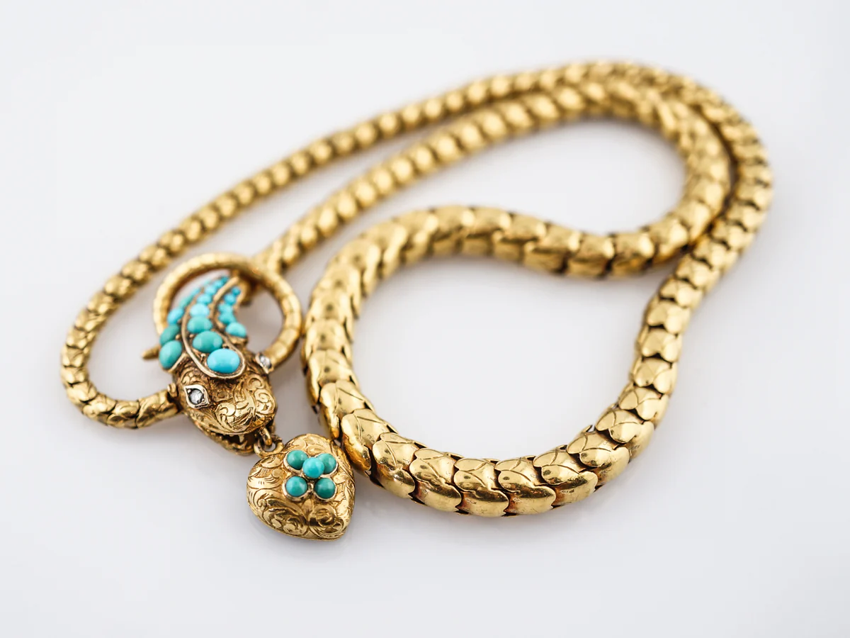 Antique Snake Necklace Victorian .06 Rose Cut Diamonds & Turquoise in 18k Yellow Gold - Image 4