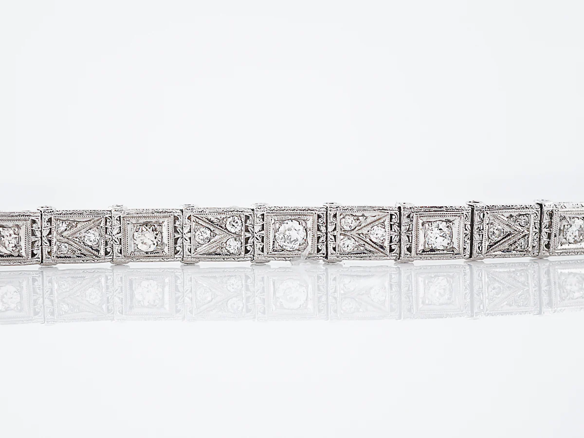 Antique Straight Line Bracelet Art Deco 2.00 Old European Cut Diamonds in 14K White Gold & Platinum