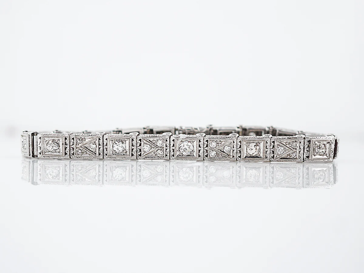 Antique Straight Line Bracelet Art Deco 2.00 Old European Cut Diamonds in 14K White Gold & Platinum - Image 3