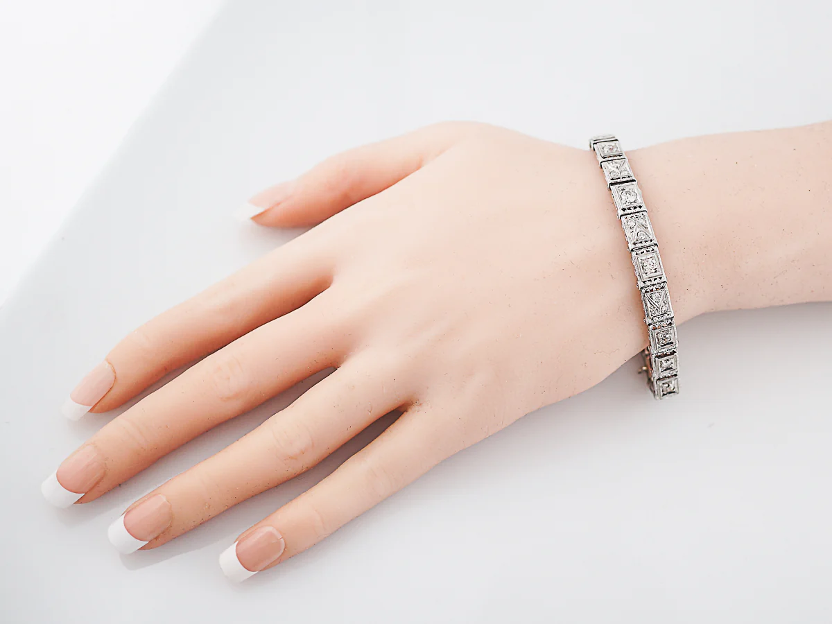 Antique Straight Line Bracelet Art Deco 2.00 Old European Cut Diamonds in 14K White Gold & Platinum - Image 5