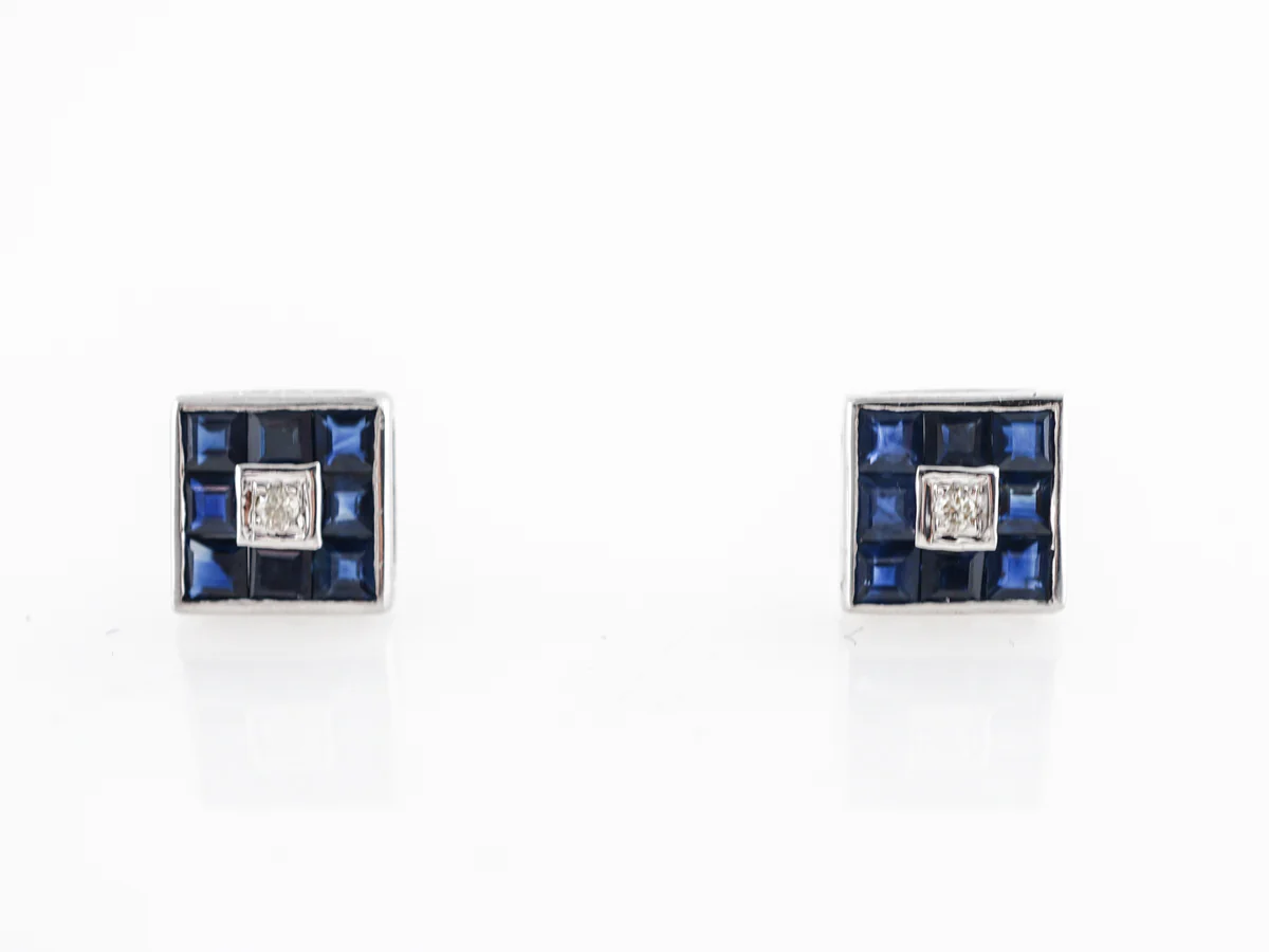 Antique Style Earring Studs w/ Diamond & Sapphire in 18k