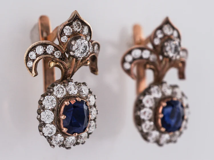 ***RTV***Antique Style Earrings Modern 1.46 Oval Cut Sapphires & 1.30 Round Brilliant Cut Diamonds in 14k Yellow Gold - Image 2