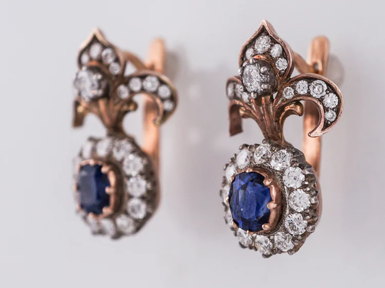 ***RTV***Antique Style Earrings Modern 1.46 Oval Cut Sapphires & 1.30 Round Brilliant Cut Diamonds in 14k Yellow Gold - Image 3